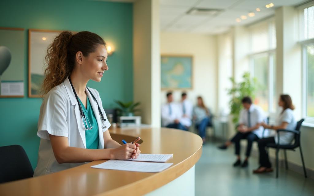 Welcoming medical intake area with healthcare worker assisting new patient at reception