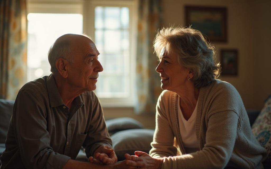 Two people having a caring, concerned conversation in a warm living room setting